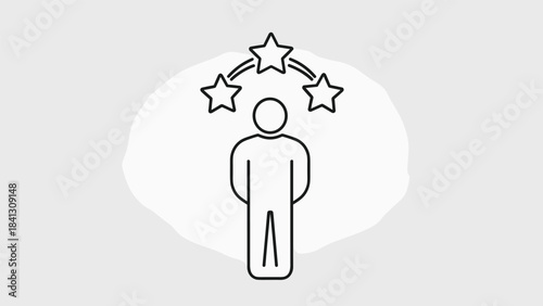 A simple line drawing of a person with three stars above their head on a light gray background, Generative AI