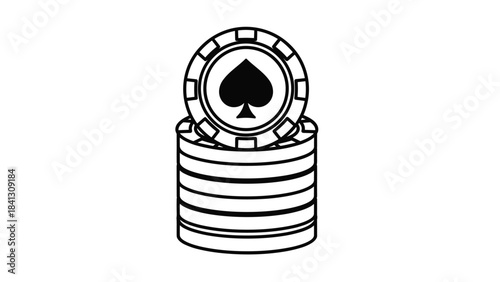 Black and white illustration of a stack of poker chips with a spade chip on top, Generative AI