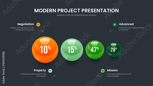 Consulting Growth 4 Option Diagram Slide Template. Project Planning Frame Layout Vector Illustration. Digital Portfolio Four Element Infographic Presentation Design.