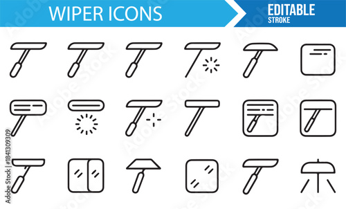 Minimal linear window cleaning icons featuring wipers, sprays, and glass tools
