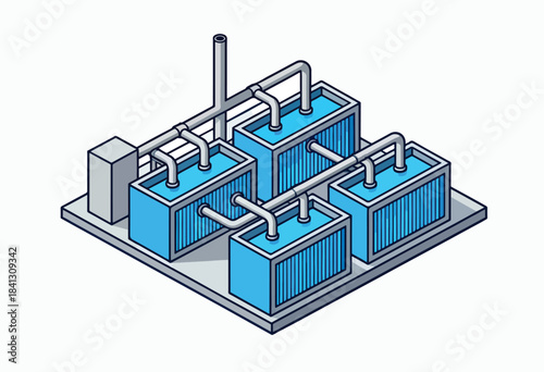 Isometric view of industrial water treatment units with pipes and tanks