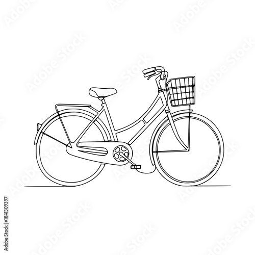 An old bicycle with a wire basket illustrated in a continuous line drawing style on a white background with copy space