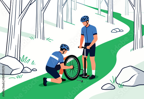 Two cyclists repair a bike on a forest path
