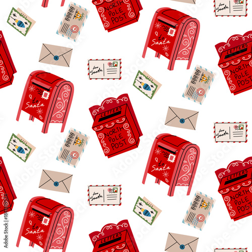 Seamless pattern with various Christmas red mailboxes and letters. Flat colored flat texture on the theme of a letter for Santa Claus. For festive fabric, wrapping paper, or background.