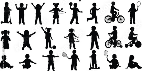 Children silhouette, outdoor activity, physical play, scooter, hula hoop, tennis, bicycle, ball, tricycle, running, vector art, black, fun, motion