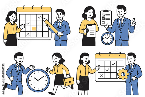 Business people managing time and tasks using calendars, checklists, and planning tools