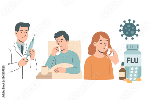 Healthcare professionals and patients managing seasonal influenza symptoms and treatment