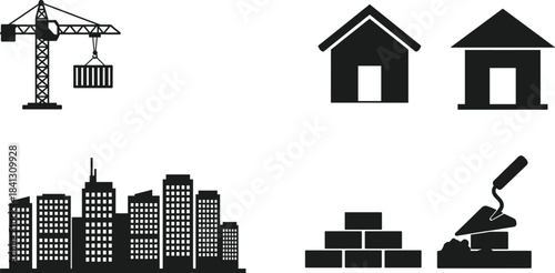 Construction icons, crane lifting container, house silhouette, city skyline, urban development, masonry work, bricklaying, building industry, infrastructure, architecture, labor, tools