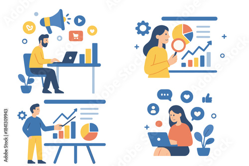 Professionals working on marketing, data analysis, and social media campaigns