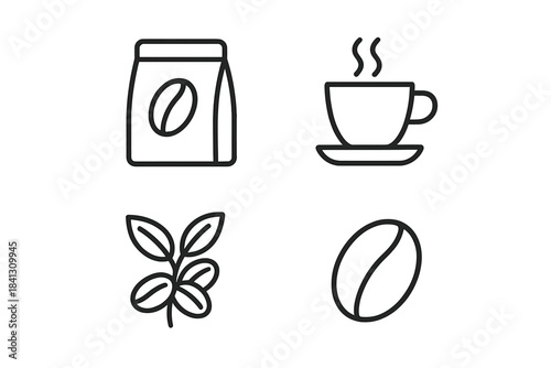 Outline icons set featuring various coffee elements like steaming cup bean plant and package