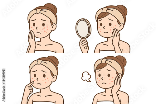 Set of showing a young woman distressed by facial acne, pimples, and skin irritation