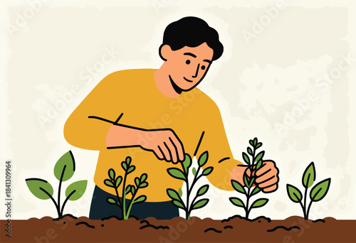 Person tending to young plants in soil