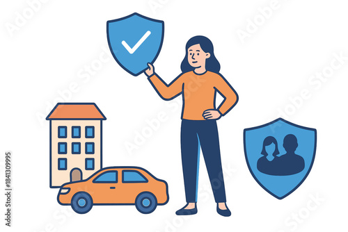 Woman holding shield protecting family, home, and car assets with comprehensive insurance