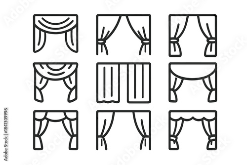 Various styles of window curtains and theater drapes for interior design and stage decoration