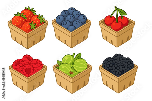 Ripe strawberries, cherries, raspberries, and blueberries displayed in small market baskets