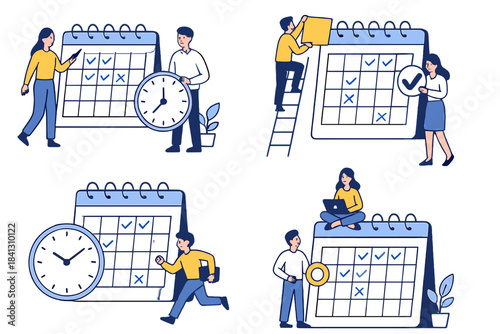 Business people managing time, planning tasks, and meeting deadlines using calendars and clocks