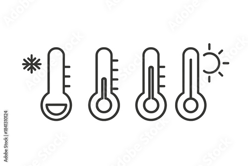 Four outline thermometers showing temperature range from cold winter to hot summer