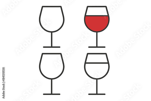 Minimalist line art wine glasses showing full, empty, and partially filled states