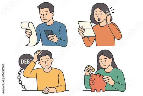 People worried about financial stress and debt calculating bills and savings