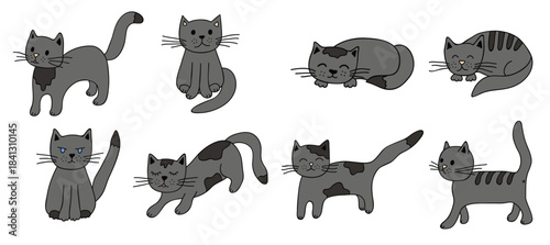 Hand drawn cat clipart. Cute pet doodle set