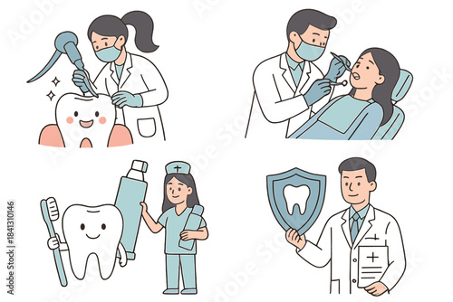 Set of scenes showing professional dental care services and oral hygiene concepts