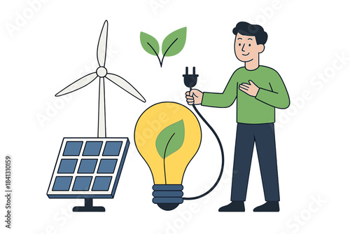 Sustainable energy concept with person, lightbulb, solar panel, and wind turbine