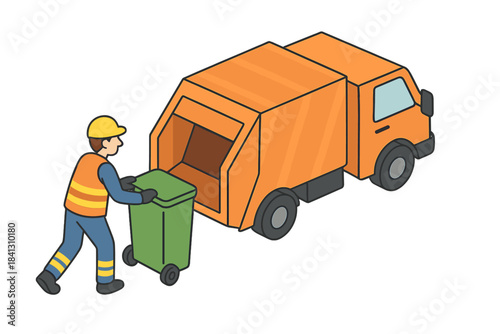 Garbage collector loading a green wheeled trash bin into an orange refuse truck
