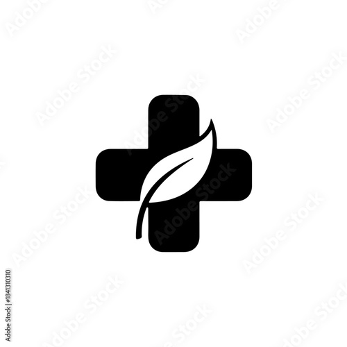 Black medical cross with white leaf, symbolizing natural healthcare, herbal medicine, alternative healing, organic remedies, and wellness. isolated on transparent background