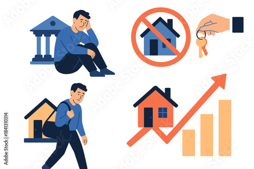 Financial distress and housing crisis showing eviction, homelessness, and rising real estate prices