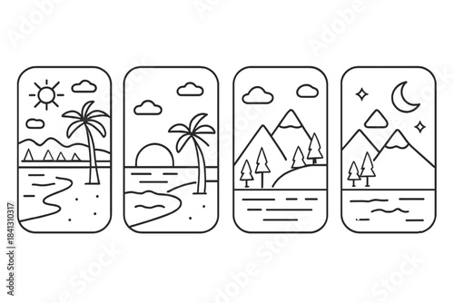 Minimalist outline scenes of tropical beaches, ocean sunsets, mountain peaks, and forest landscapes