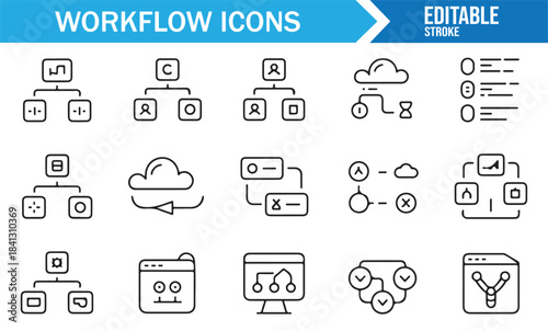 Linear business process icons for digital tools and automation