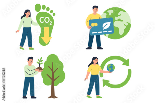 People reducing carbon footprint, using green credit cards, planting trees, and recycling for climate action