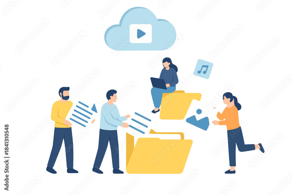 Fototapeta premium People transferring documents and media data to a secure cloud storage server