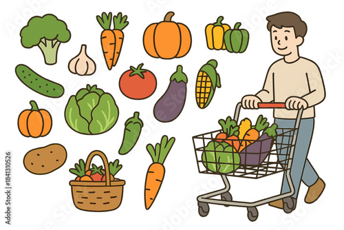 Fresh organic vegetables and a man pushing a shopping cart full of produce at the market