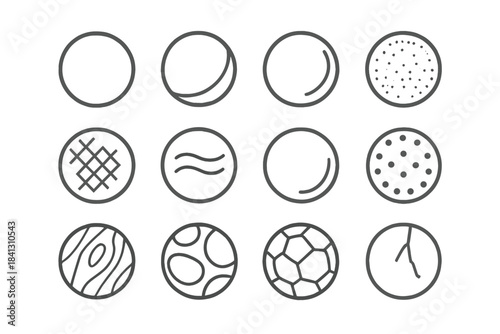 Set of twelve circular line icons depicting material properties and surface textures
