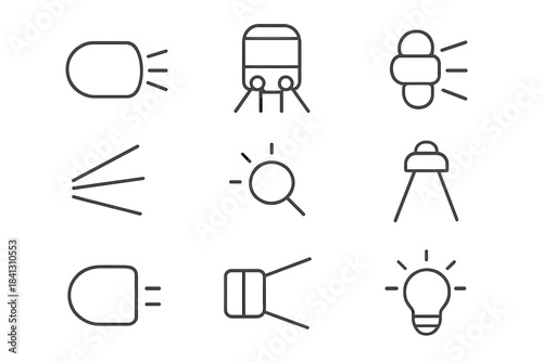 Minimal line icons depicting various light sources and illumination beams
