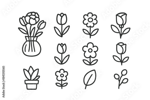 Simple outline drawings of botanical elements, including tulips, daisies, roses, leaves, and house plants