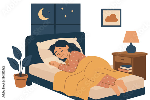 Woman sleeping soundly in bed at night next to a window showing the crescent moon and stars