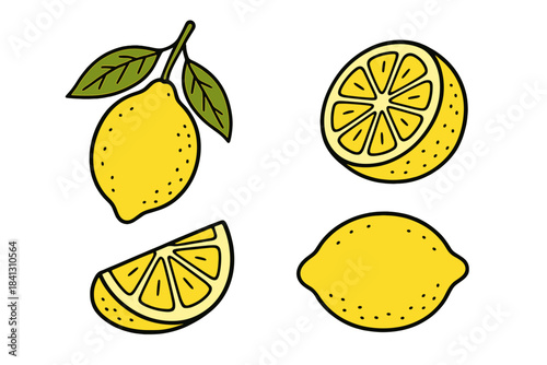 Fresh yellow citrus fruits including whole lemons, halves, and slices with green leaves