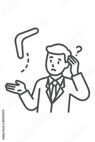 Confused businessman reacting to a returning boomerang symbolizing unexpected consequences