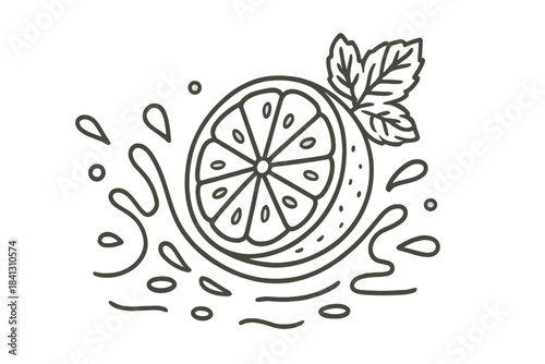 Simple black and white outline of a refreshing citrus fruit slice with splashing liquid