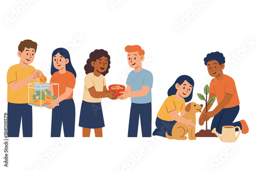 Diverse group of people participating in various charity and community service activities