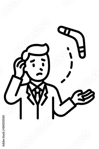 Businessman confronted by a returning boomerang representing consequences and unexpected blowback