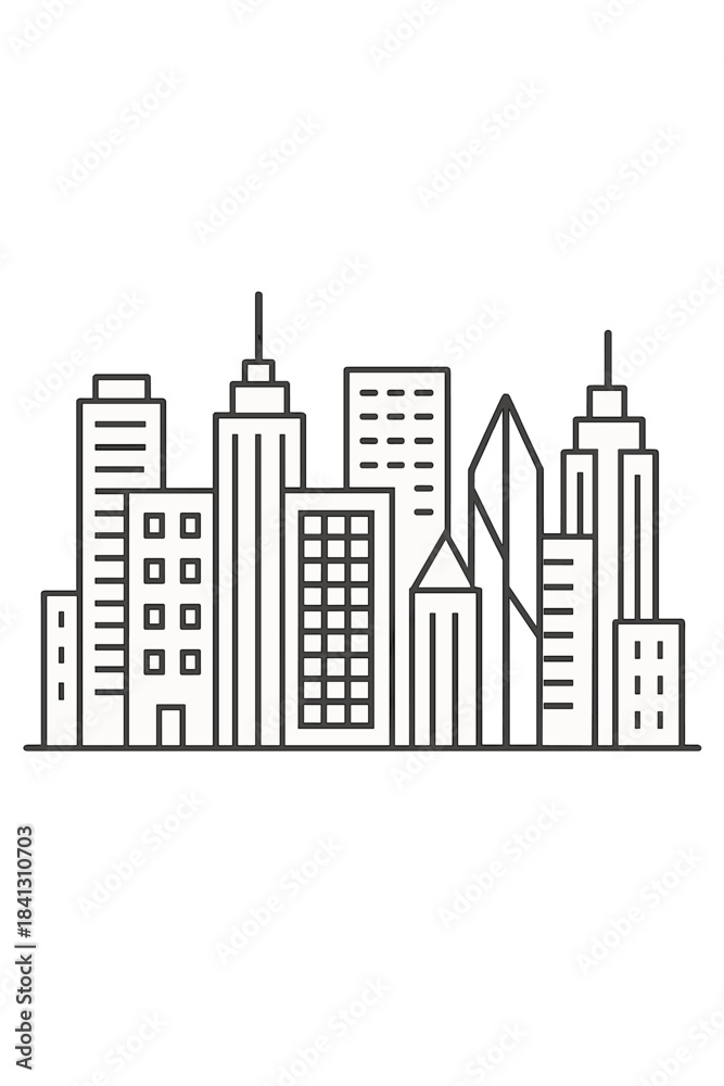 Fototapeta premium Minimalist black and white line art cityscape featuring modern skyscrapers and downtown buildings