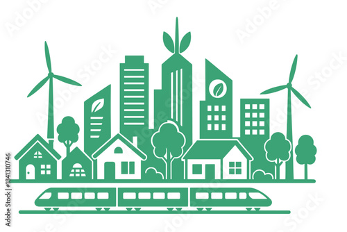 Sustainable city skyline with wind turbines and modern public transportation train system