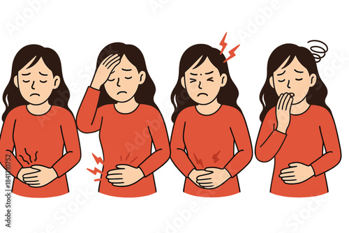 Woman suffering from severe stomach ache, painful headache, and general sickness