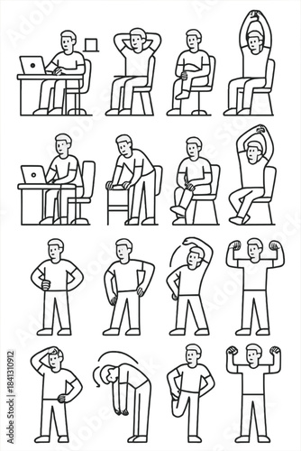 Stretching and exercise poses routine for workers and desk job breaks
