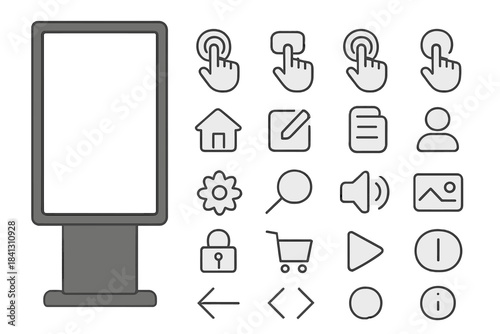 Digital advertising kiosk mockup displaying essential user interface icons for web and mobile apps