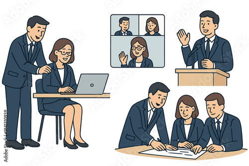 Diverse business professionals engaged in work, meetings, public speaking, and online video calls