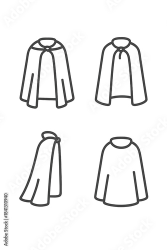 Outline icons set featuring various styles of cloaks and capes for clothing design